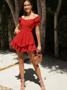 SHEIN Off Shoulder Tie Back Ruched Bust Ruffle Hem Romper - Red - View 5