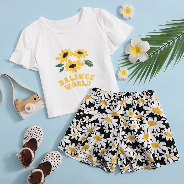 

Toddler Girls Floral Flounce Sleeve Tee With Shorts, Multicolor