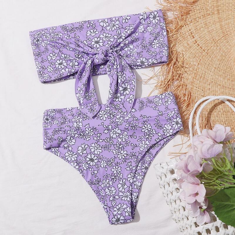

Floral Knot Front Bandeau Bikini Swimsuit, Pastel lilac purple