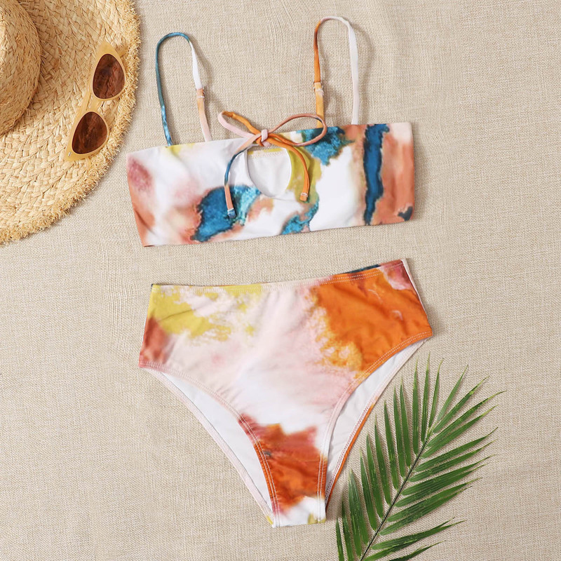 

Tie Dye Cut-out High Waisted Bikini Swimsuit, Multicolor