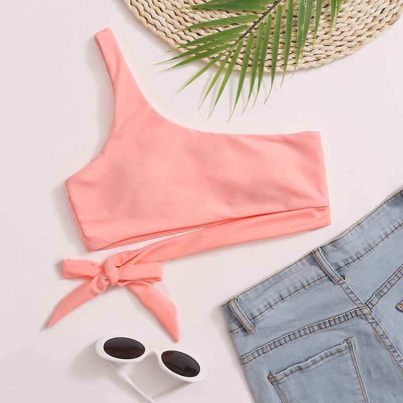 

Pink Tie Side One Shoulder Bikini Top, Coral pink