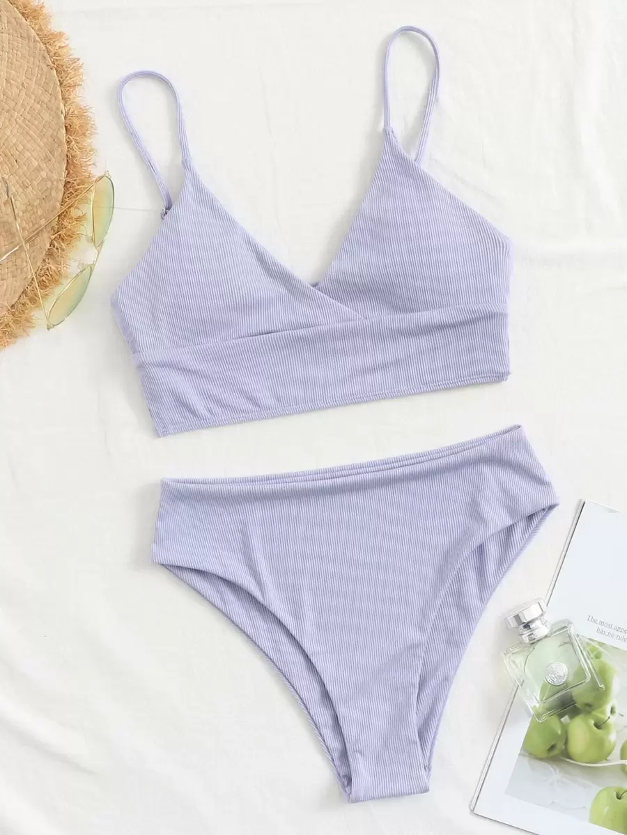 SHEIN Swim Rib High Waisted Bikini Set Summer Beach - Lilac Purple - View 1