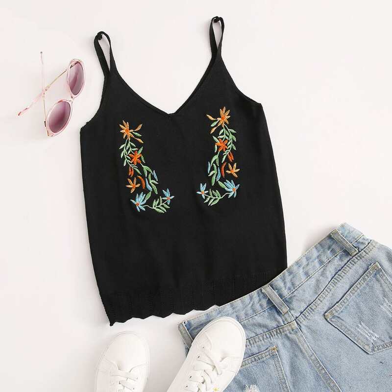 

Flower Embroidery Knit Cami Top, Black