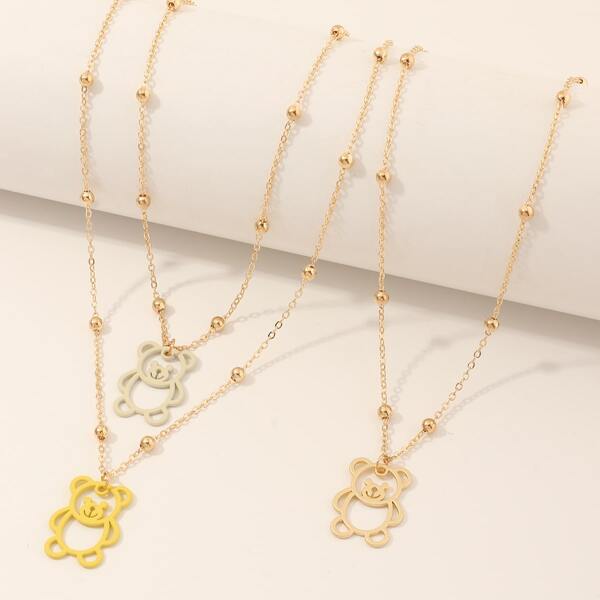 

3pcs Girls Bear Charm Necklace, Gold
