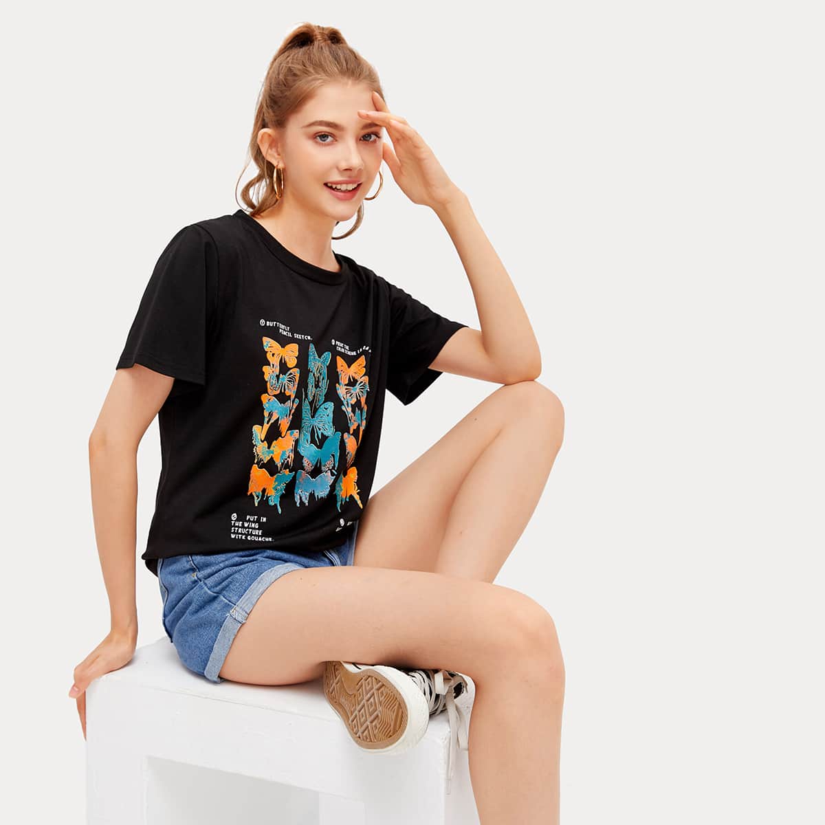 

Butterfly Print Tee, Black