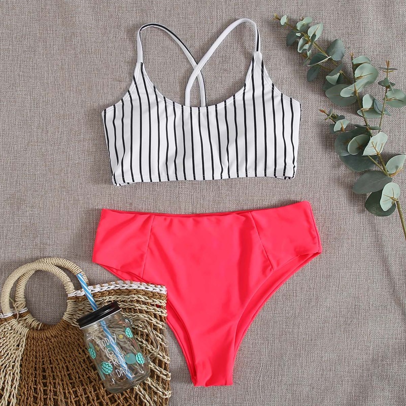 

Striped High Waisted Bikini Swimsuit, Multicolor