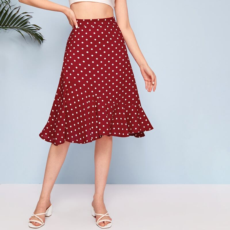 

Polka Dot Flared Skirt, Red
