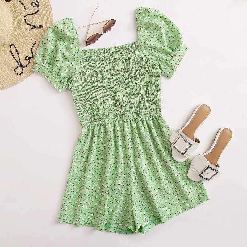 

Ditsy Floral Shirred Romper, Green