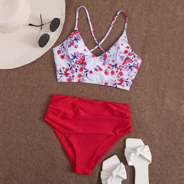 

Floral Ruched High Waisted Bikini Swimsuit, Multicolor