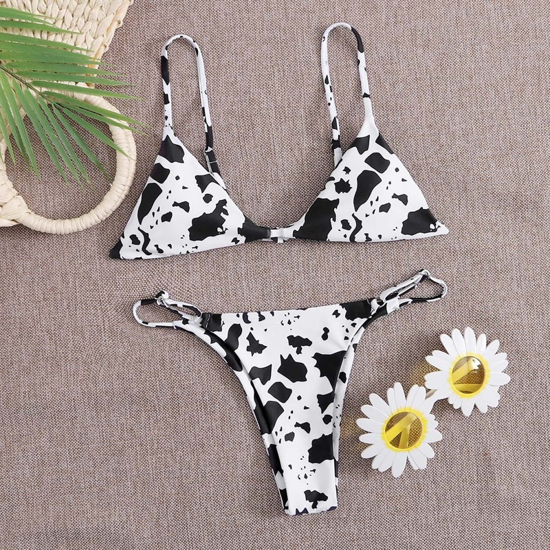 

Cow Print Triangle Tanga Bikini Swimsuit, Black and white