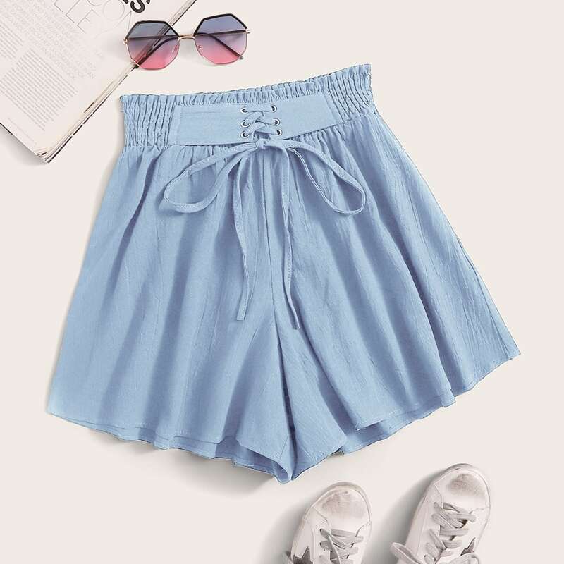 

Solid Lace Up Shorts, Dusty blue