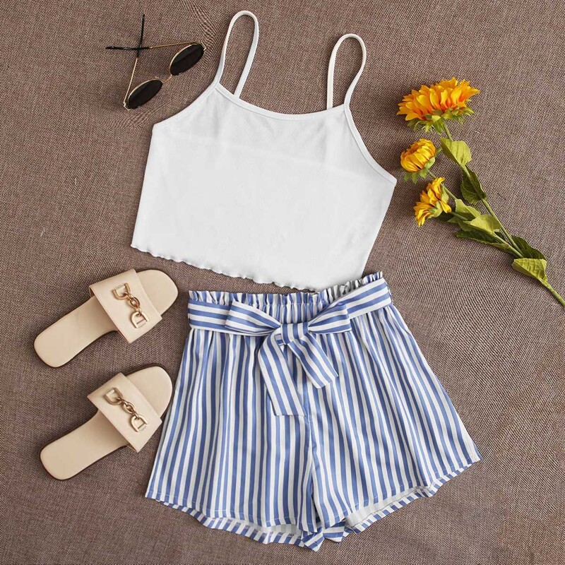 

White Cami & Striped Belted Shorts, Blue and white