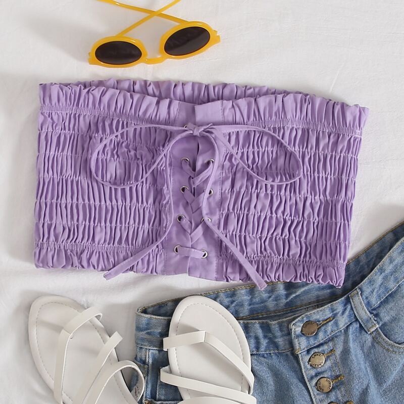 

Shirred Lace Up Tube Top, Lilac purple