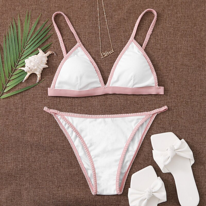 

Contrast Trim Triangle Tanga Bikini Swimsuit, White