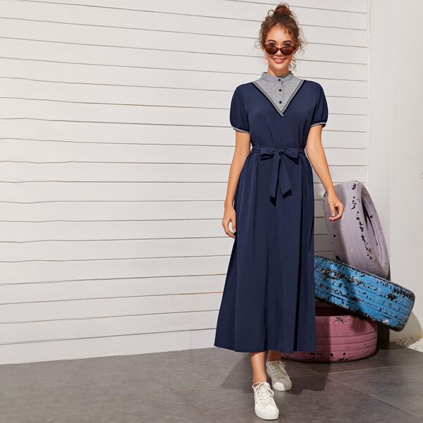 

Button Front Contrast Striped Belted Dress, Navy blue