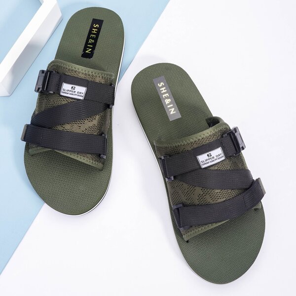 

Men Buckle Decor Slide Sandals, Army green