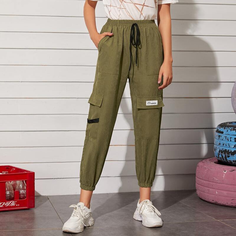 

Flap Pocket Patched Drawstring Sweatpants, Army green