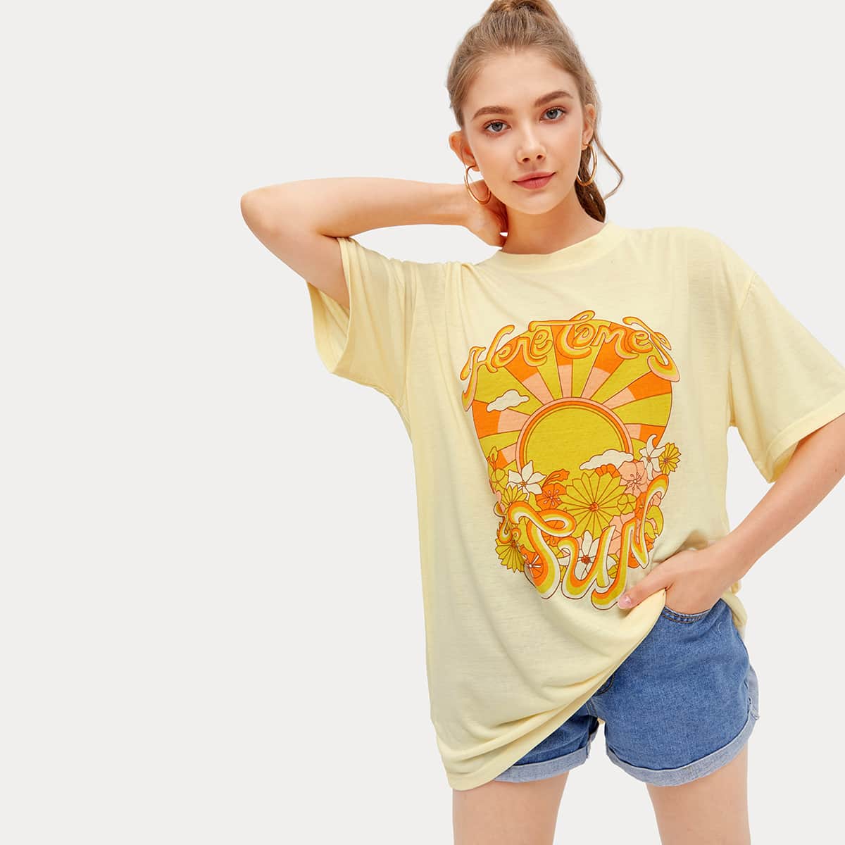 

Sun Graphic Oversized Tee, Yellow pastel