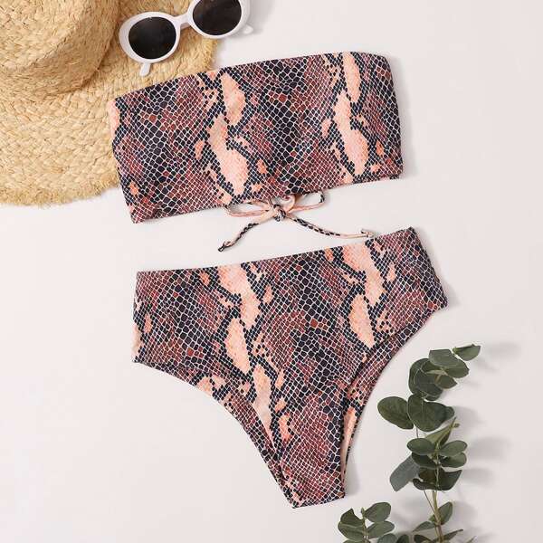 

Snakeskin Bandeau High Waisted Bikini Swimsuit, Multicolor