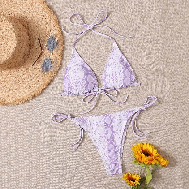 

Snakeskin Triangle Tie Side Bikini Swimsuit, Pastel lilac purple