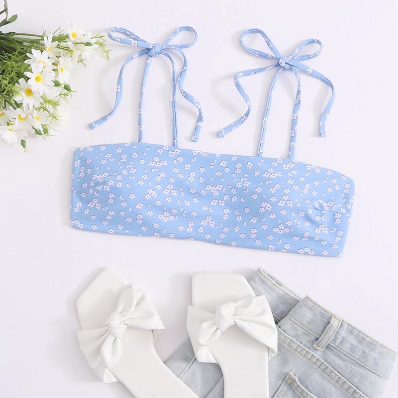 

Tie Strap Ditsy Floral Cami Bikini Top, Baby blue