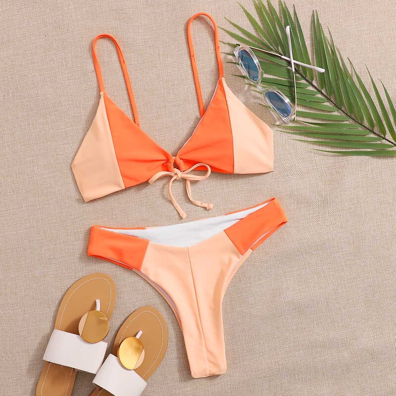 

Color Block Tie Front Bikini Swimsuit, Coral orange