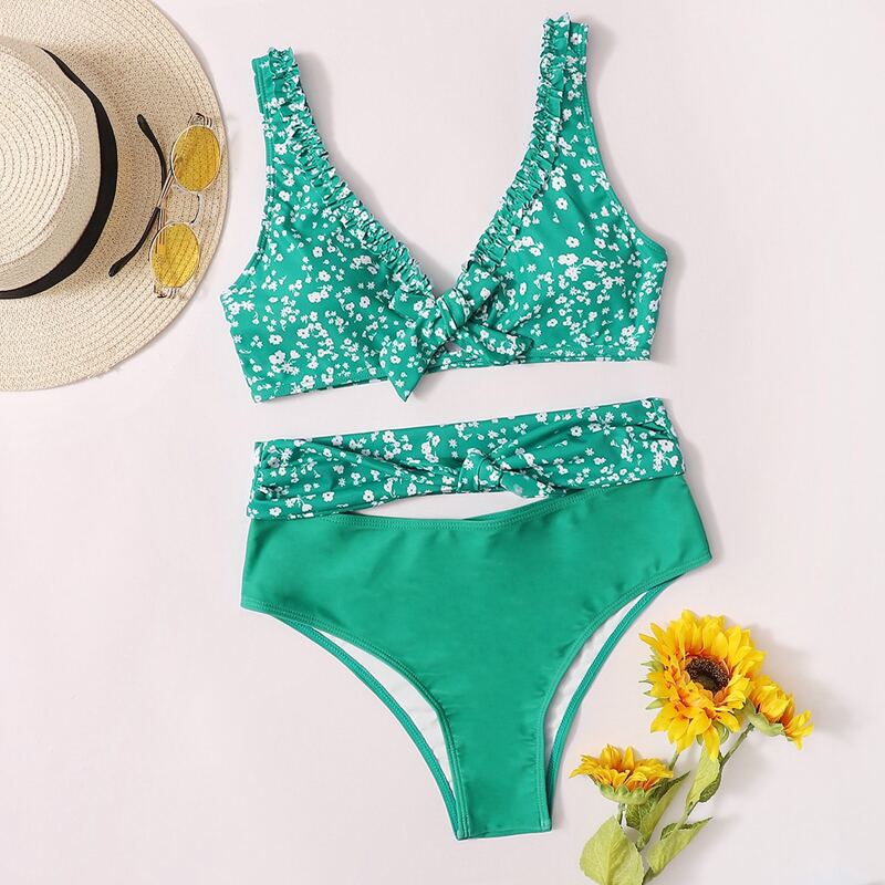 

Ditsy Floral High Waisted Knot Bikini Swimsuit, Green