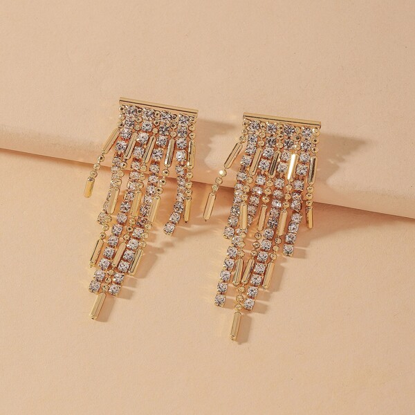 

Rhinestone Decor Tassel Drop Earrings, Gold