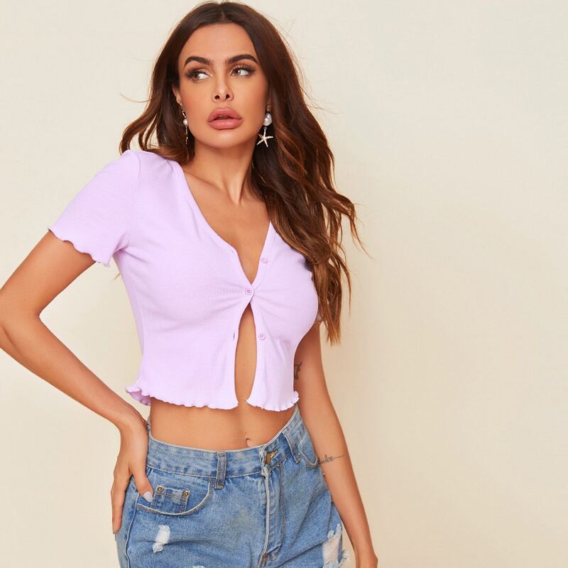 

Button Front Lettuce Trim Crop Top, Lilac purple