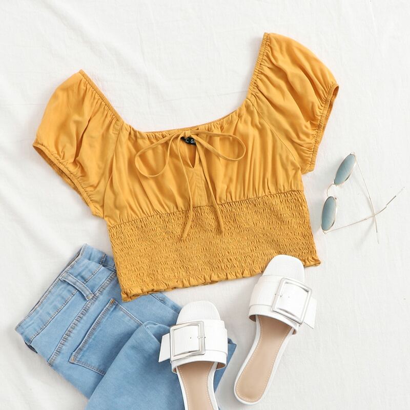 

Tie Neck Raglan Sleeve Shirred Panel Crop Top, Yellow