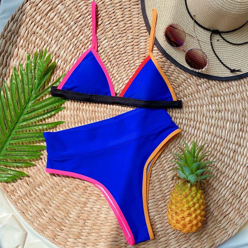 

Contrast Binding Triangle Bikini Swimsuit, Royal blue