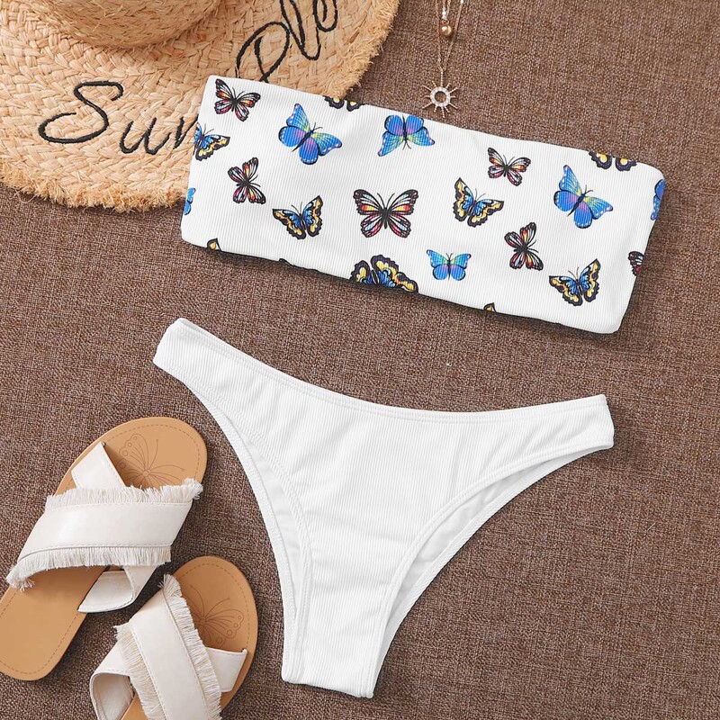 

Butterfly Bandeau Rib Bikini Swimsuit, White