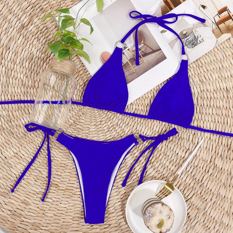 

Ring Linked Crisscross Triangle Bikini Swimsuit, Royal blue bright