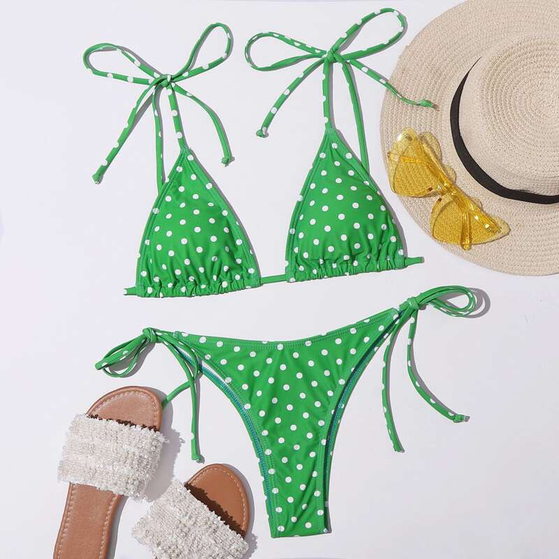 

Polka Dot Triangle Tie Side Bikini Swimsuit, Green