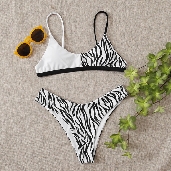 

Zebra Stripe High Cut Bikini Swimsuit, Black and white