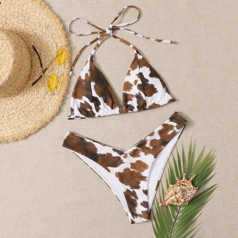 

Brush Print Triangle High Leg Bikini Swimsuit, Coffee brown