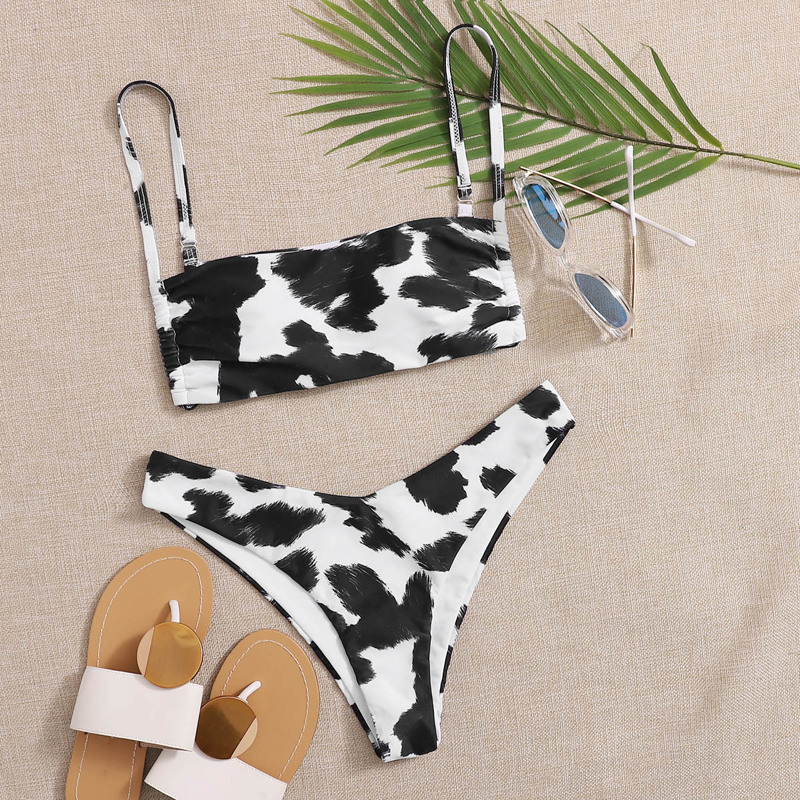 

Brush Print High Cut Bikini Swimsuit, Black and white