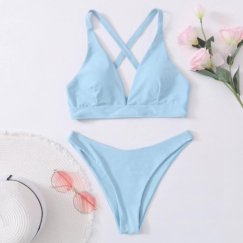 

Blue High Leg Bikini Swimsuit, Baby blue