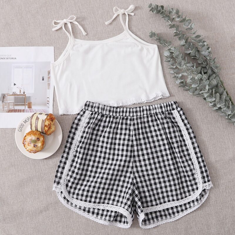 

Gingham Cami Pajama Set, Black and white