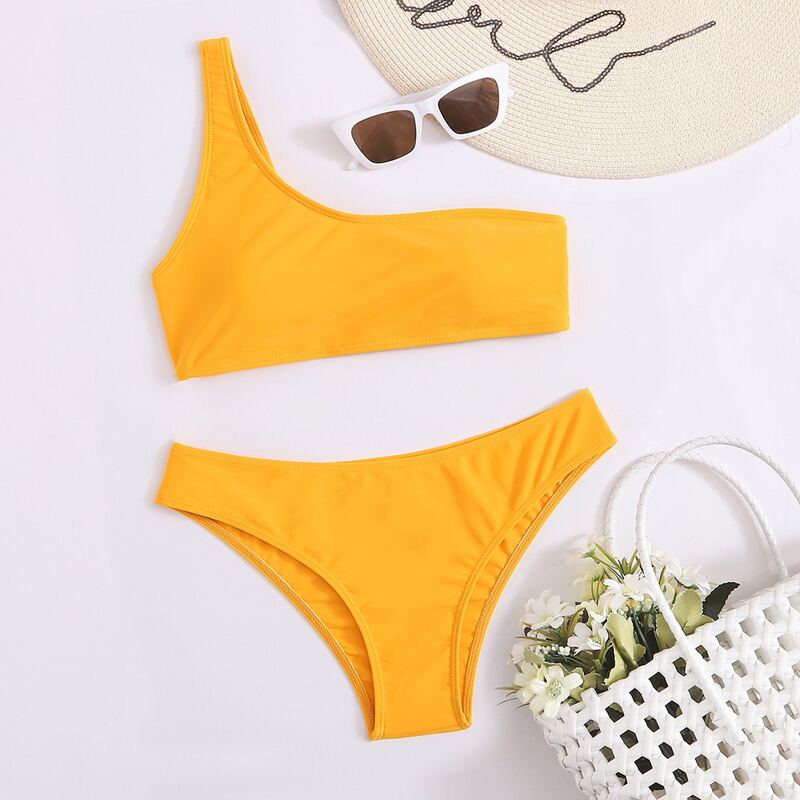 

One Shoulder Yellow Bikini Swimsuit, Mustard yellow