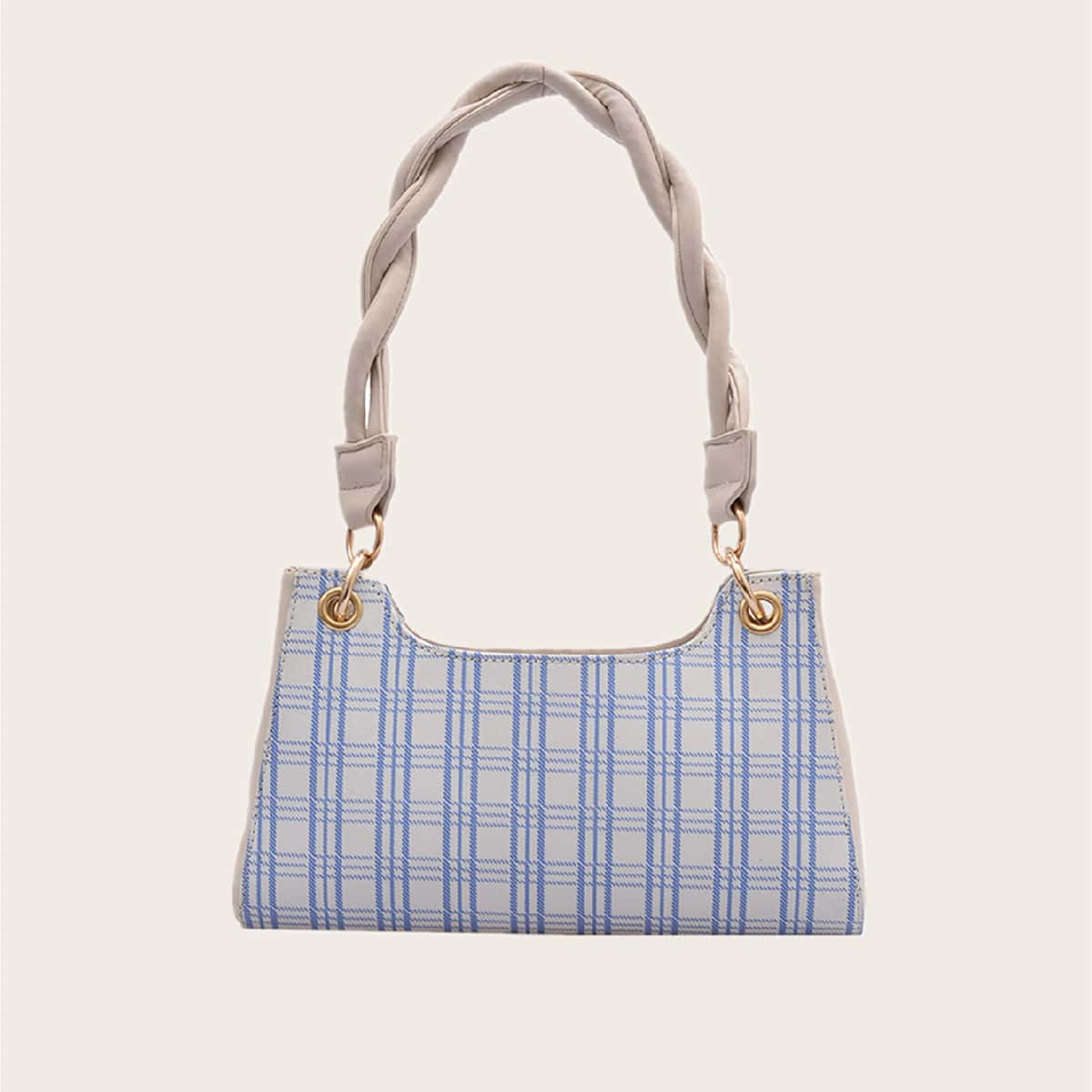 

Plaid Twist Handle Tote Bag, Blue