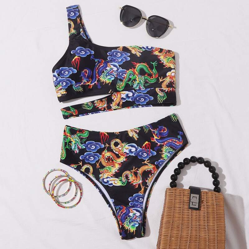 

One Shoulder High Waisted Dragon Bikini Swimsuit, Multicolor