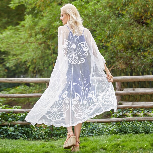 

Tie Front Sheer Mesh Kimono, White