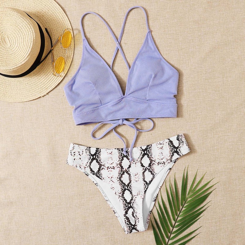 

Lace Up Back Snakeskin Bikini Swimsuit, Multicolor