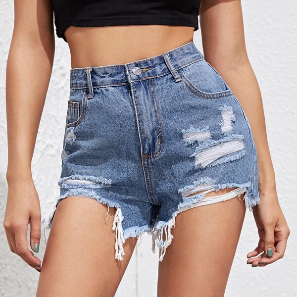 

Ripped Raw Hem Denim Shorts, Medium wash