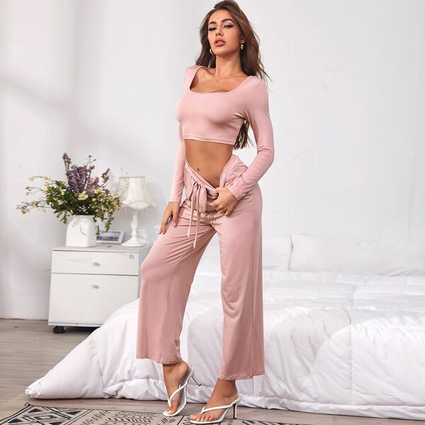 

Square Neck Tie Front Lounge Set, Baby pink