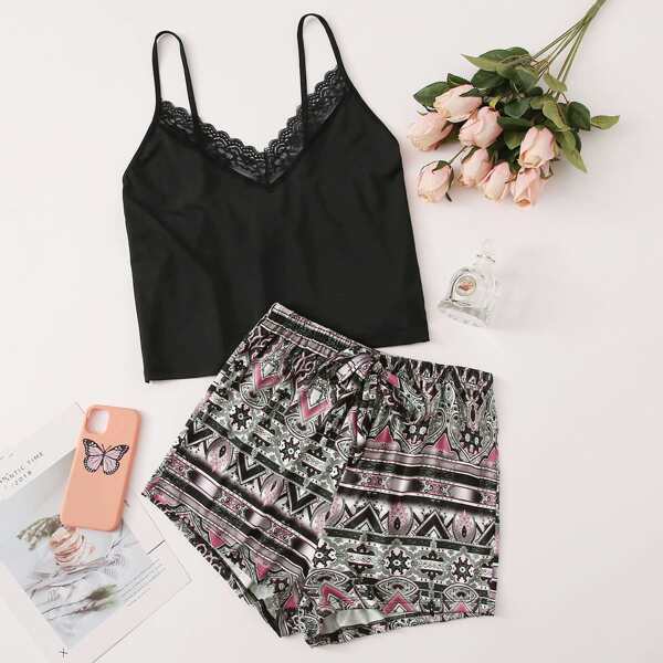 

Contrast Lace Cami Top With Tribal Print Shorts, Multicolor