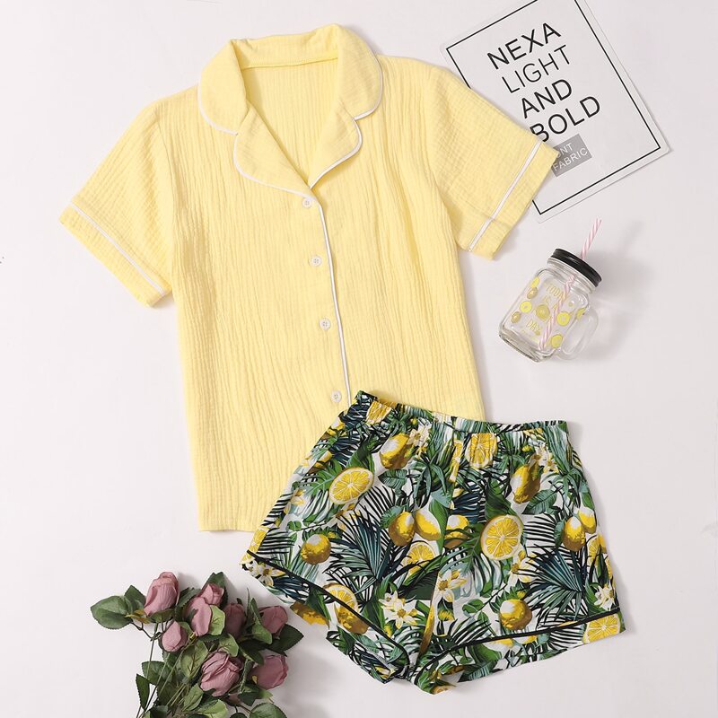 

Lemon And Tropical Print PJ Set, Multicolor