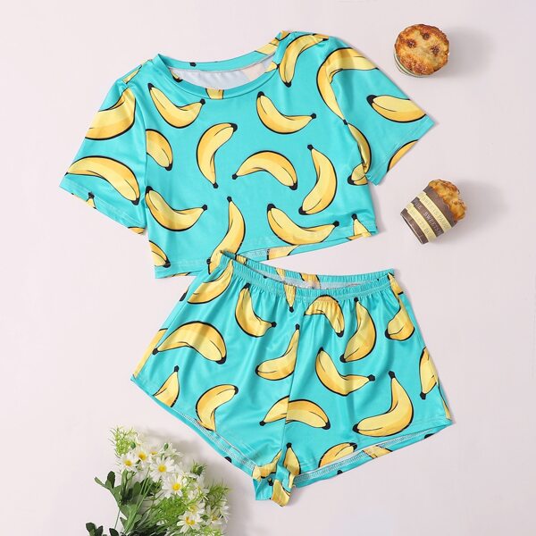 

Allover Banana Print PJ Set, Mint blue