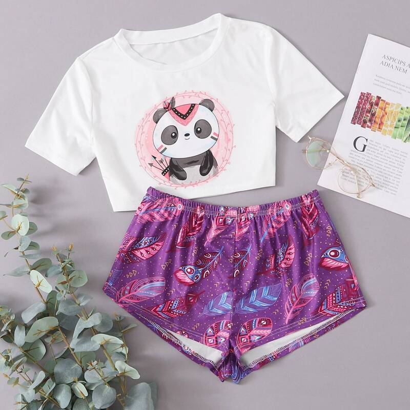 

Cartoon Graphic Top & Feather Print Shorts PJ Set, Multicolor